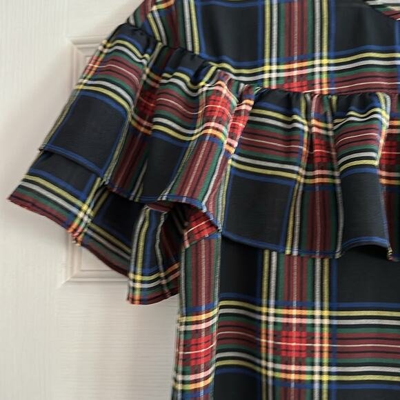 J Crew Edie Stewart Plaid Ruffle Top Black Red Green SIZE 2 Blouse Tartan Top - Picture 11 of 14